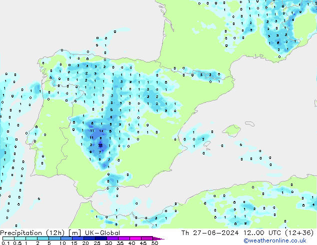 Precipitation (12h) UK-Global Th 27.06.2024 00 UTC