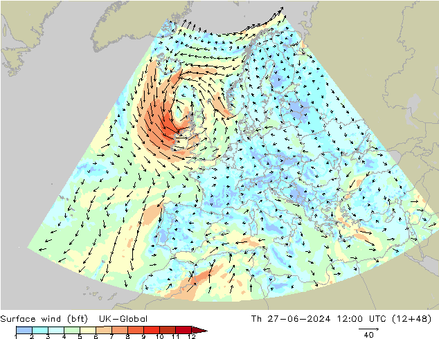 Wind 10 m (bft) UK-Global do 27.06.2024 12 UTC