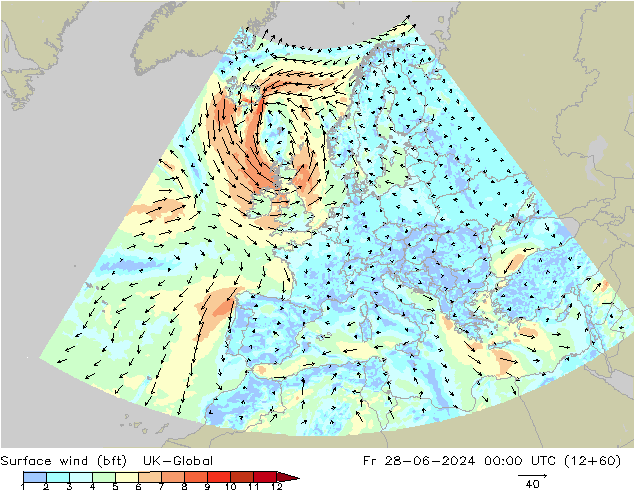 Wind 10 m (bft) UK-Global vr 28.06.2024 00 UTC