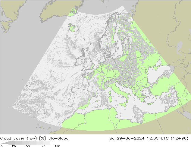 Bewolking (Laag) UK-Global za 29.06.2024 12 UTC