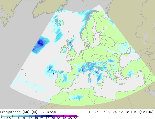 降水量 (6h) UK-Global 星期二 25.06.2024 18 UTC