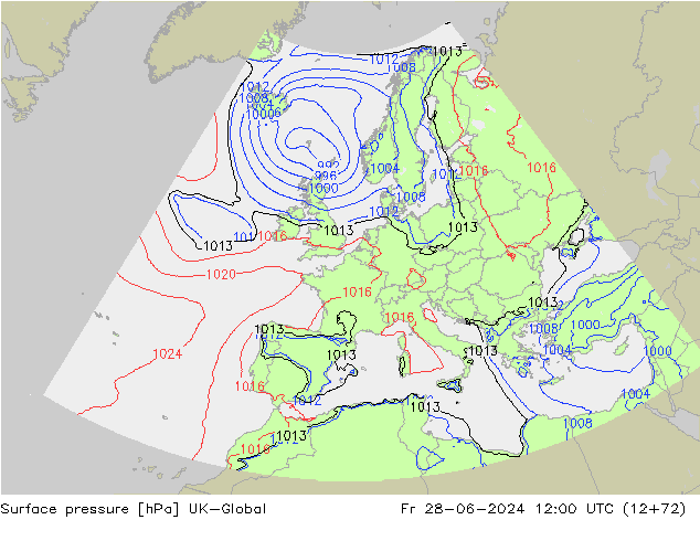 Pressione al suolo UK-Global ven 28.06.2024 12 UTC