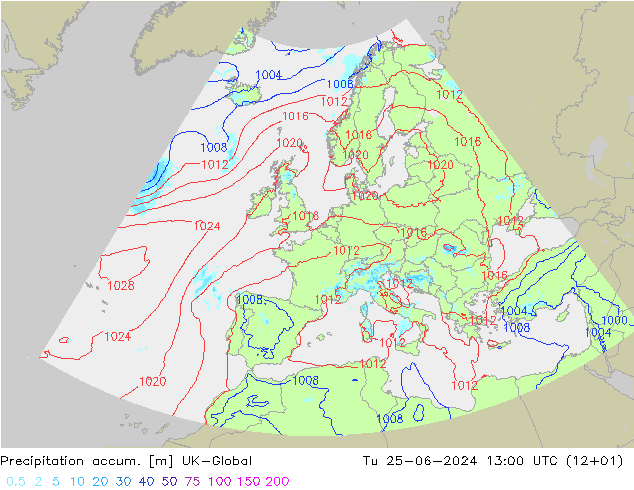 Precipitation accum. UK-Global 星期二 25.06.2024 13 UTC