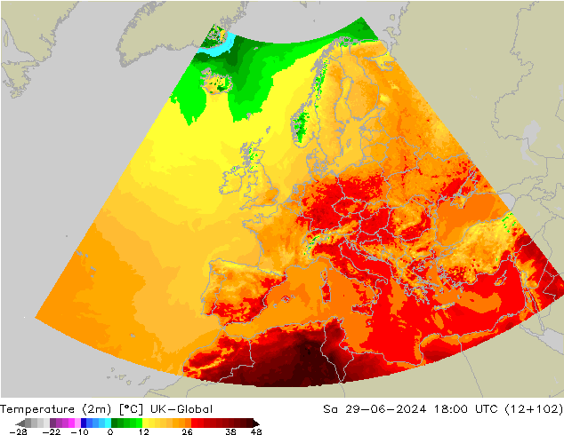 Temperatuurkaart (2m) UK-Global za 29.06.2024 18 UTC