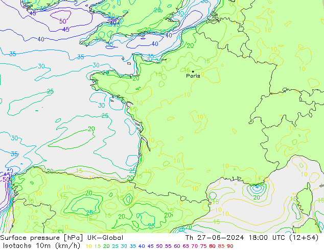 Isotachs (kph) UK-Global Th 27.06.2024 18 UTC