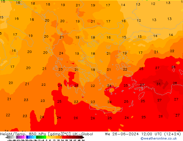 Height/Temp. 850 hPa UK-Global śro. 26.06.2024 12 UTC