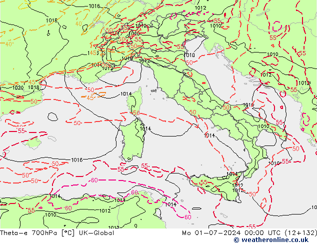 Theta-e 700hPa UK-Global Mo 01.07.2024 00 UTC