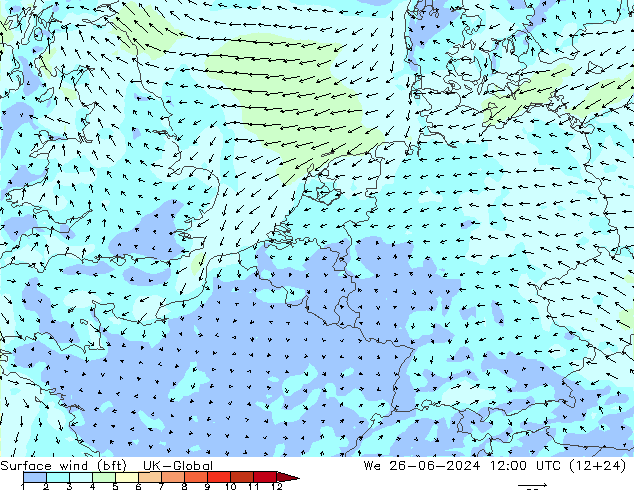 Wind 10 m (bft) UK-Global wo 26.06.2024 12 UTC