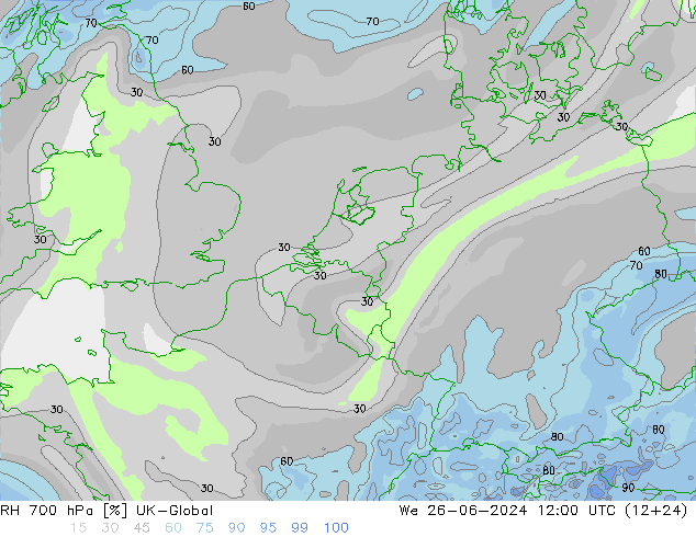 RH 700 hPa UK-Global We 26.06.2024 12 UTC