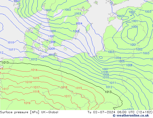 Surface pressure UK-Global Tu 02.07.2024 06 UTC