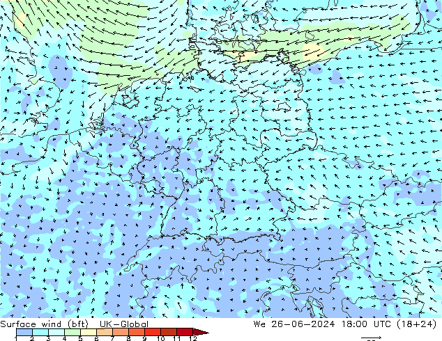 Surface wind (bft) UK-Global We 26.06.2024 18 UTC