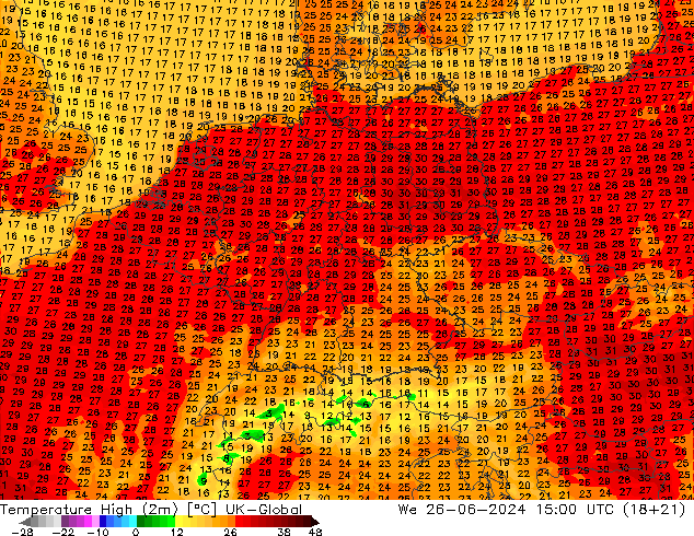 Max.temperatuur (2m) UK-Global wo 26.06.2024 15 UTC