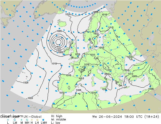 Cloud layer UK-Global 星期三 26.06.2024 18 UTC