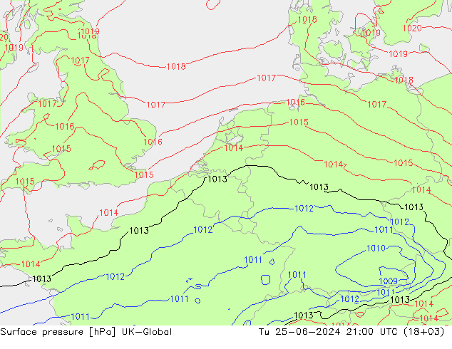 地面气压 UK-Global 星期二 25.06.2024 21 UTC
