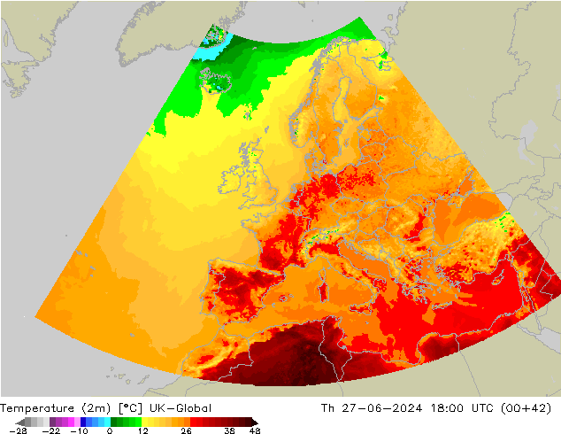 Temperatuurkaart (2m) UK-Global do 27.06.2024 18 UTC