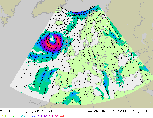 风 850 hPa UK-Global 星期三 26.06.2024 12 UTC