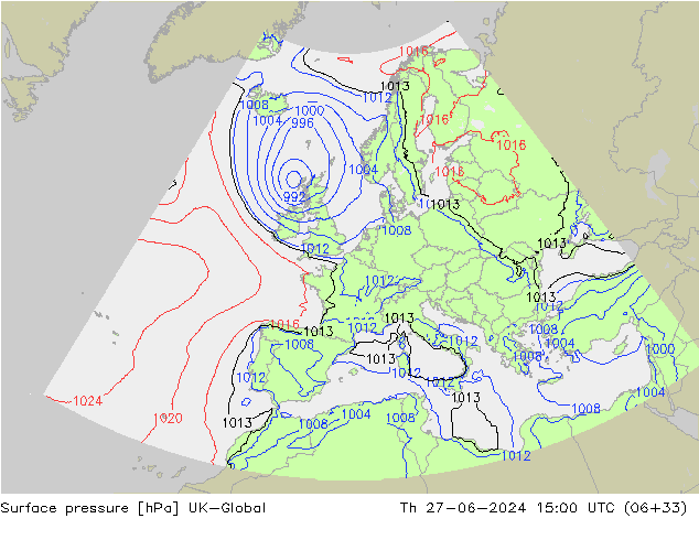 Surface pressure UK-Global Th 27.06.2024 15 UTC