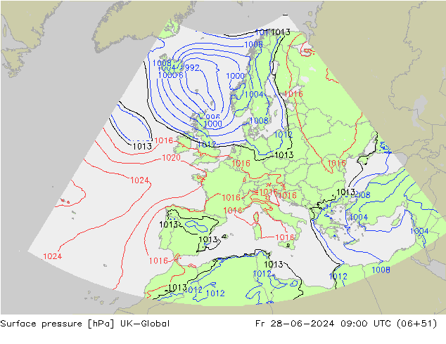 Luchtdruk (Grond) UK-Global vr 28.06.2024 09 UTC