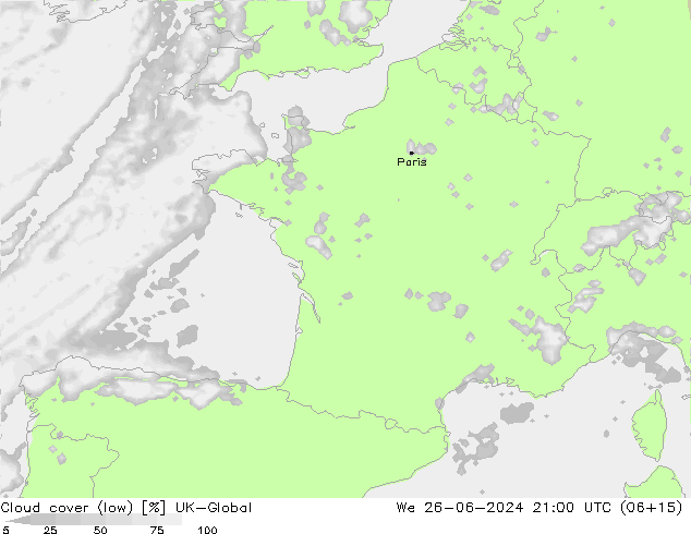 Bewolking (Laag) UK-Global wo 26.06.2024 21 UTC
