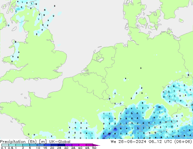 Totale neerslag (6h) UK-Global wo 26.06.2024 12 UTC