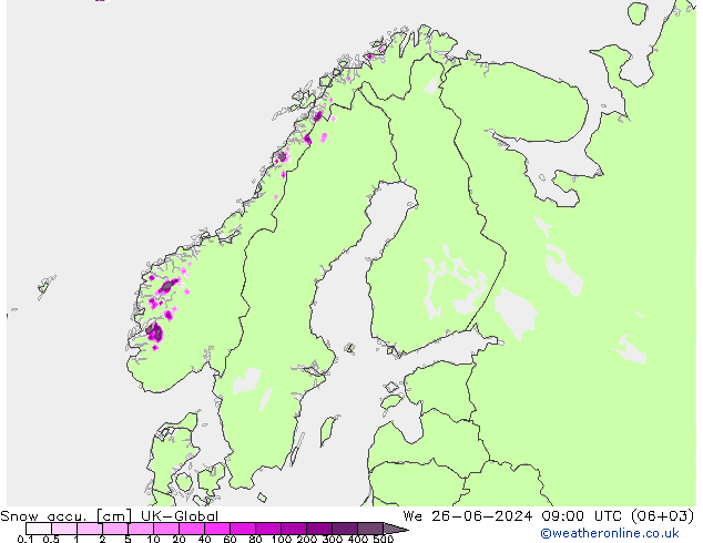 Snow accu. UK-Global 星期三 26.06.2024 09 UTC