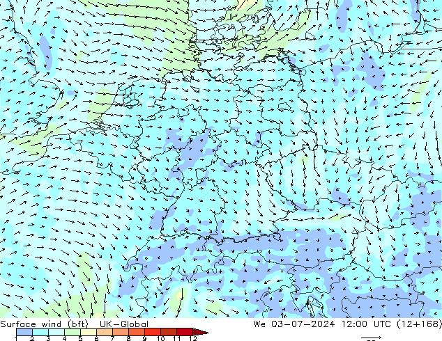 Wind 10 m (bft) UK-Global wo 03.07.2024 12 UTC