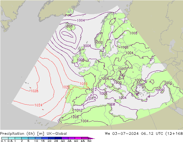 Totale neerslag (6h) UK-Global wo 03.07.2024 12 UTC