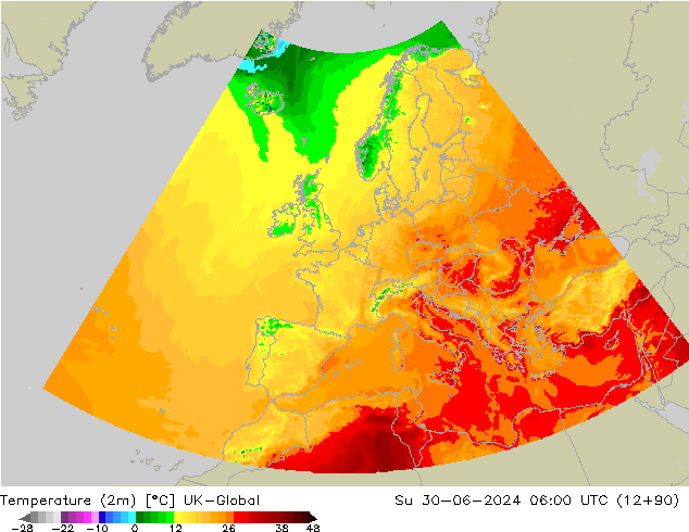 Temperatuurkaart (2m) UK-Global zo 30.06.2024 06 UTC