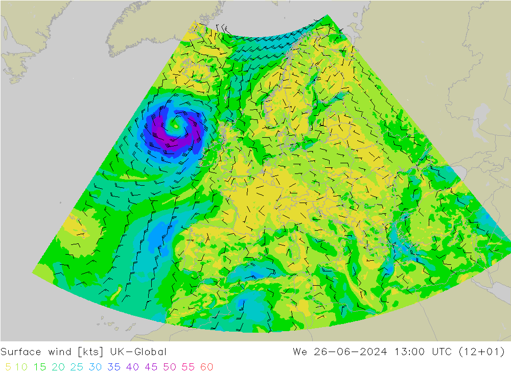 风 10 米 UK-Global 星期三 26.06.2024 13 UTC