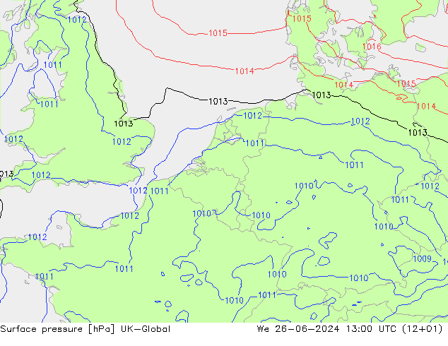 地面气压 UK-Global 星期三 26.06.2024 13 UTC