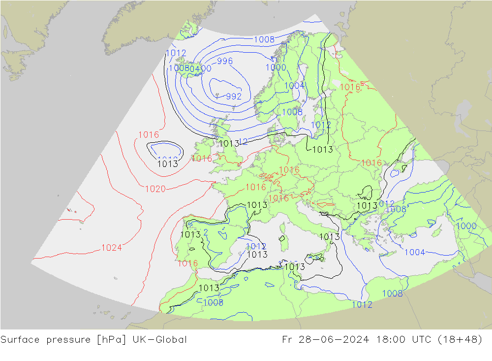 地面气压 UK-Global 星期五 28.06.2024 18 UTC