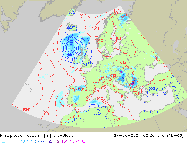 Totale neerslag UK-Global do 27.06.2024 00 UTC