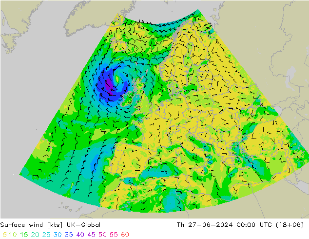 Wind 10 m UK-Global do 27.06.2024 00 UTC