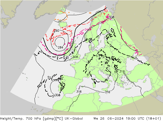 Hoogte/Temp. 700 hPa UK-Global wo 26.06.2024 19 UTC