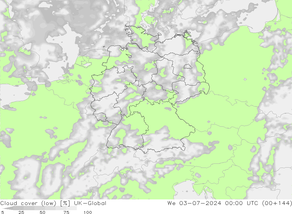 Bewolking (Laag) UK-Global wo 03.07.2024 00 UTC