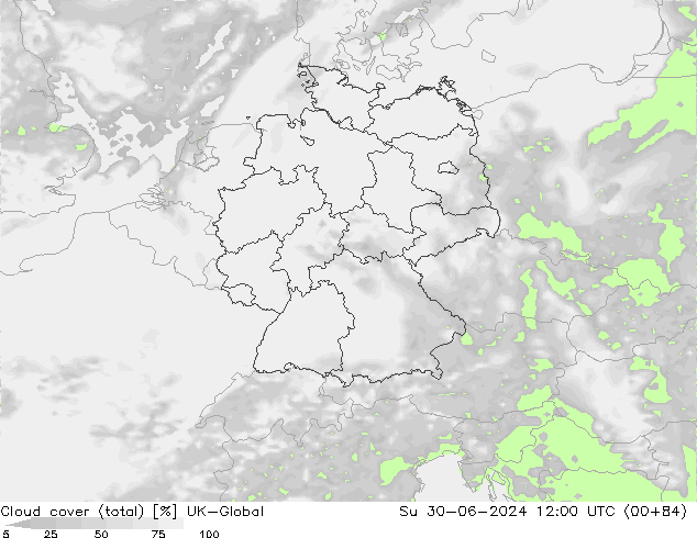Bewolking (Totaal) UK-Global zo 30.06.2024 12 UTC