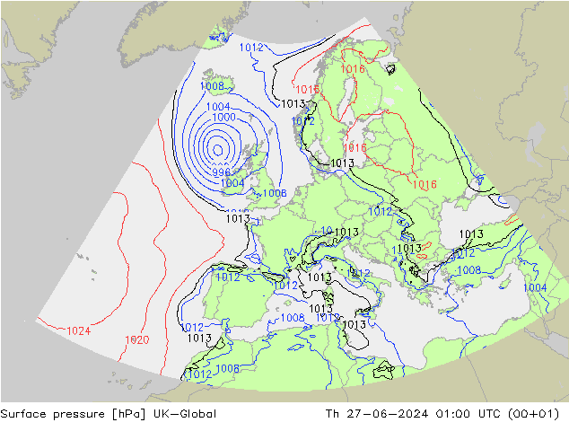 地面气压 UK-Global 星期四 27.06.2024 01 UTC