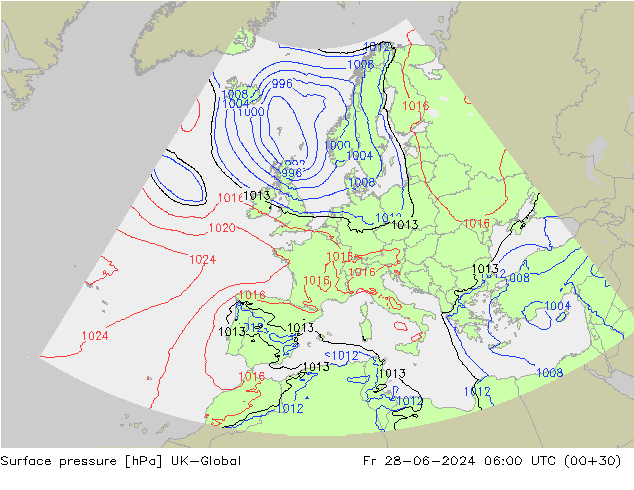 Luchtdruk (Grond) UK-Global vr 28.06.2024 06 UTC