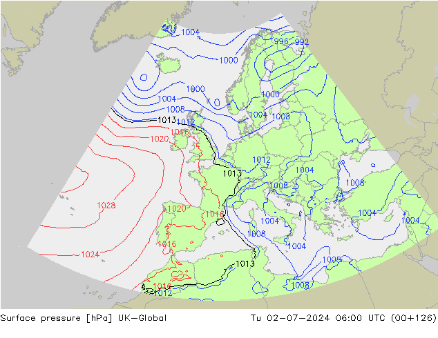 地面气压 UK-Global 星期二 02.07.2024 06 UTC