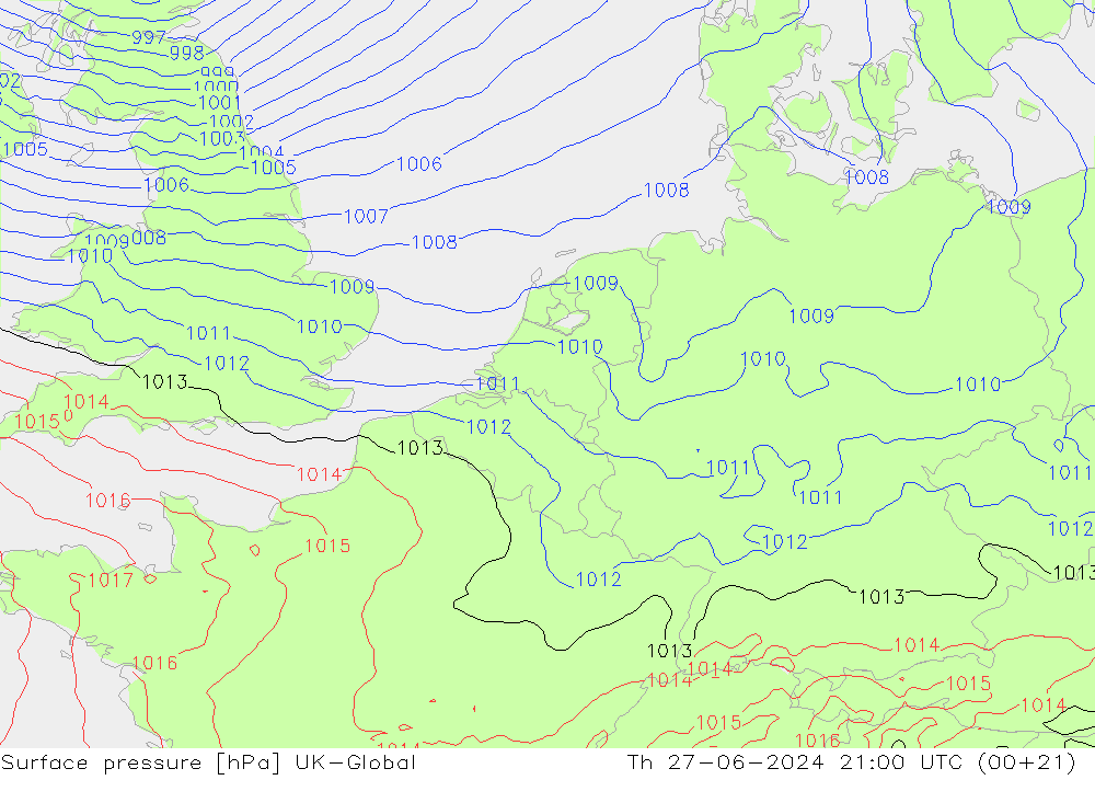 地面气压 UK-Global 星期四 27.06.2024 21 UTC