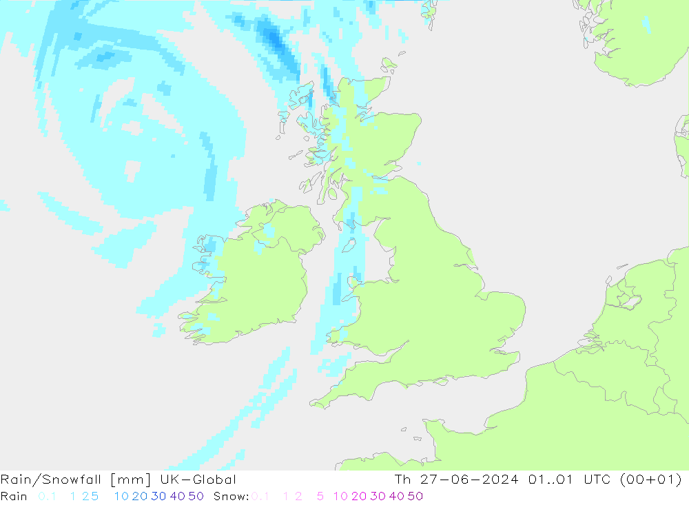 Rain/Snowfall UK-Global Čt 27.06.2024 01 UTC