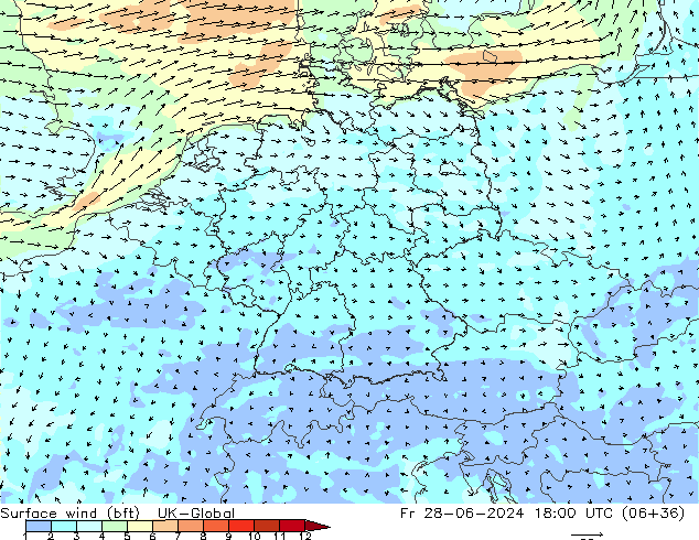 Surface wind (bft) UK-Global Fr 28.06.2024 18 UTC