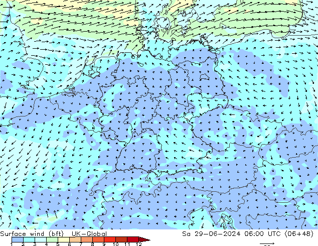 Wind 10 m (bft) UK-Global za 29.06.2024 06 UTC