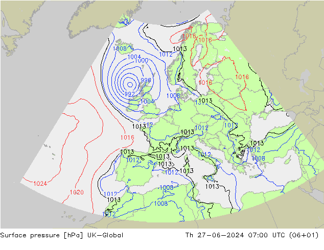 Presión superficial UK-Global jue 27.06.2024 07 UTC