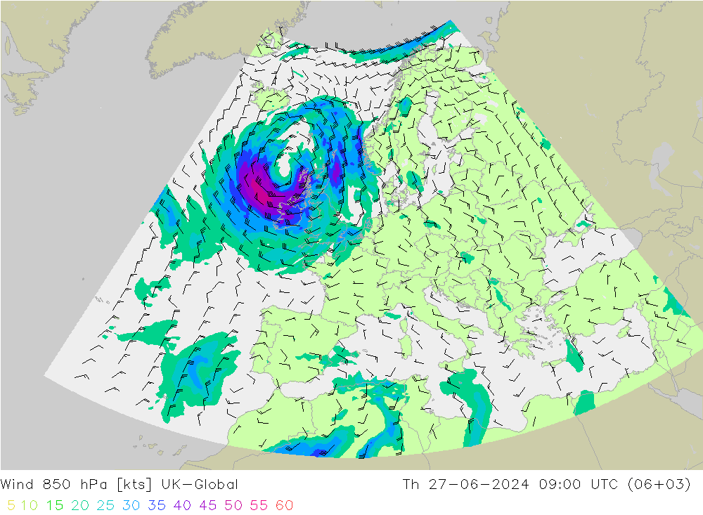 风 850 hPa UK-Global 星期四 27.06.2024 09 UTC