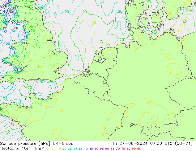 10米等风速线 (kph) UK-Global 星期四 27.06.2024 07 UTC