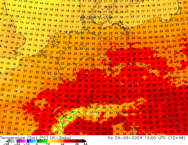 Temperatuurkaart (2m) UK-Global za 29.06.2024 12 UTC