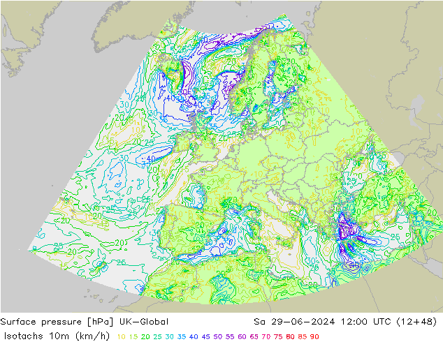 10米等风速线 (kph) UK-Global 星期六 29.06.2024 12 UTC