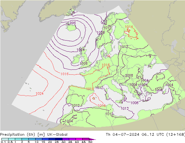 Precipitation (6h) UK-Global Čt 04.07.2024 12 UTC