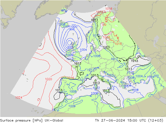 地面气压 UK-Global 星期四 27.06.2024 15 UTC